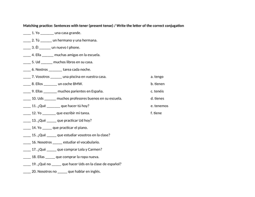 Tener Sentences Matching Practice Teaching Resources