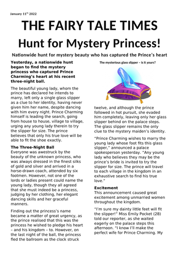 Newspaper Report on Cinderella + Comprehension Questions Year 4
