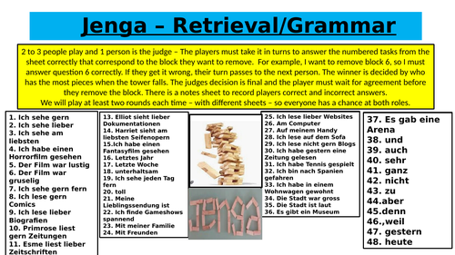 Jenga questions and answers - stimmt 2 kapitel 2 and odd question from kapitel 1 as retrieval