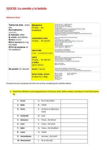 (I)GCSE Comida/ bebida+ GUSTAR practice worksheet