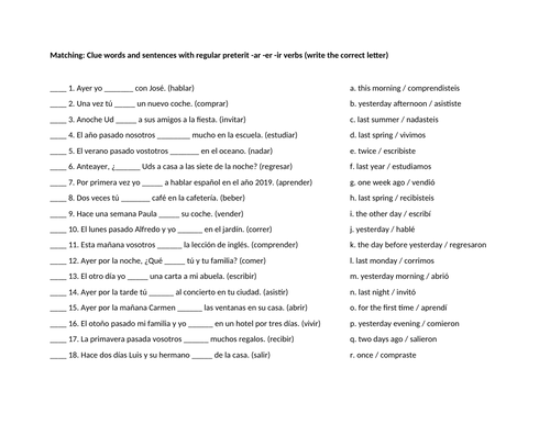 Preterit regular verb sentences with clue words matching practice