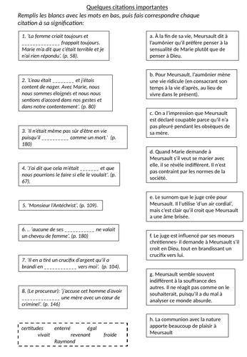 L'Étranger list of quotes+ Worksheet