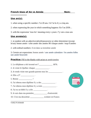 An vs Année French Worksheet