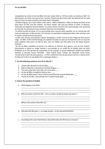 AQA / EDEXCEL Studio GCSE French (Higher) – Module 2 - Zoom sur le cinéma – Page 43 - Worksheet