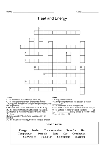 Temperature heat transfer energy CROSSWORD Teaching Resources