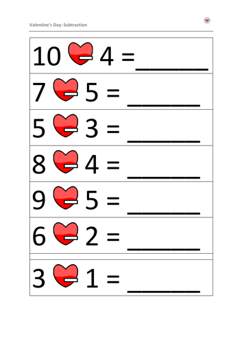 Valentine's Day: Maths Subtraction 10-1