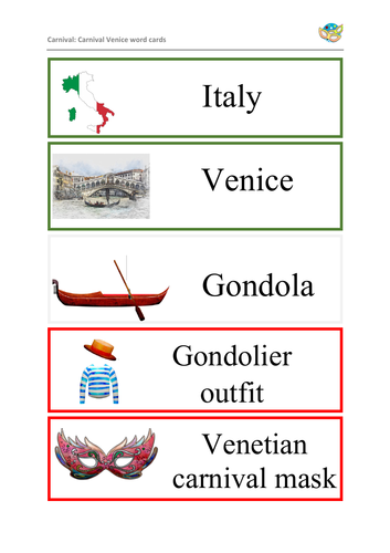 Carnival, Mardi Gras, Shrove Tuesday: Italy, Venice & Carnival Word Cards