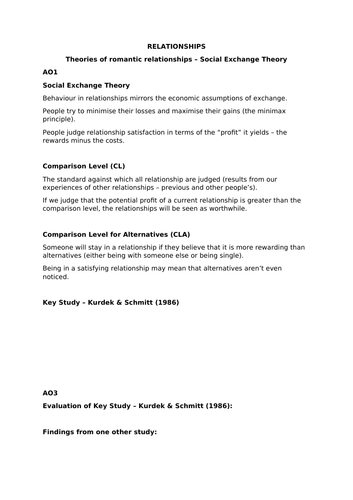 Social Exchange Theory (AQA Psychology Relationships)