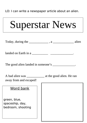 Alien newspaper cloze with support - EYFS