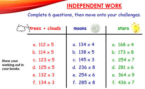 short multiplication - 3x1digit - worksheet and challenges