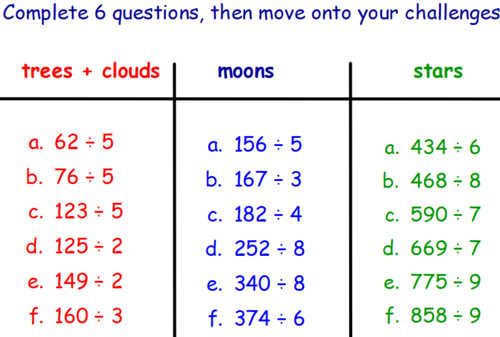 short division 2 3 digit numbers with remainders worksheets and challenges y4 and y5 teaching resources