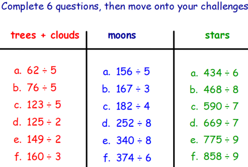 Short division - 2 & 3 digit numbers with remainders - worksheets and challenges - Y4 and Y5