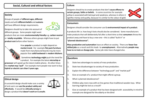D&T GCSE Knowledge organiser - social, cultural, ethical