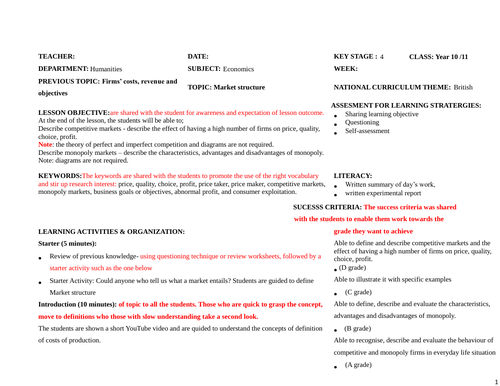 Lesson   Plan on Market Structure