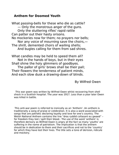 An in -depth analysis of Wilfred Owen's Anthem for Doomed Youth GCSE ENGLISH LITERATUREE