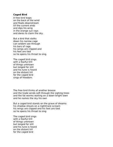 An Analysis Of Poem Caged Bird By Maya Angelou Gcse English Literature Teaching Resources