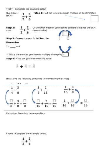 Adding fractions support sheet