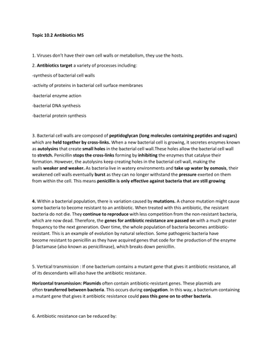 AS Biology-Topic 10-Antibiotics- Worksheet and Mark scheme