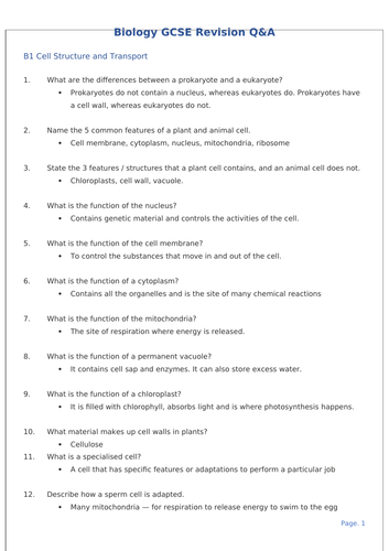 GCSE Biology Questions for Flash Cards AQA Combined Science