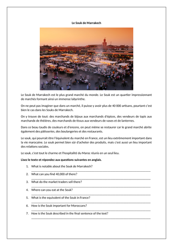 AQA/EDEXCEL Studio GCSE French (Higher) – Module 5 – On négocie au souk – Page 108 - Worksheet