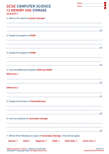 OCR/AQA/Pearson GCSE Computer Science - Memory / Storage