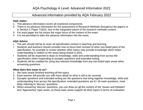 2022 Advanced Information: AQA A Level Psychology
