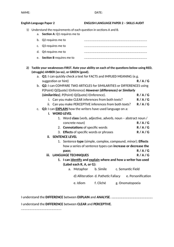 Skills Audit GCSE English Language Paper 2