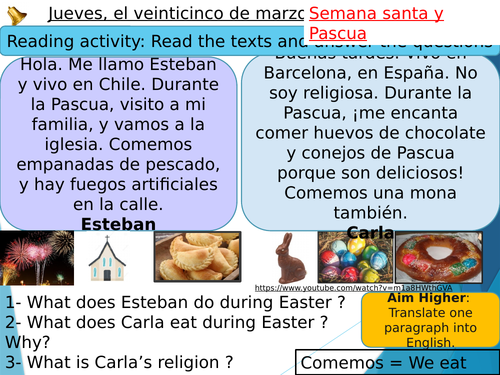 Pascua/semana santa cultural lesson and quiz