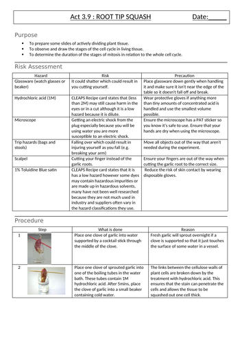 Act 3.9 Root tip squash recording sheet