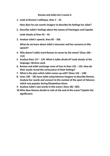 Romeo and Juliet Act 2 scene 2 question sheet