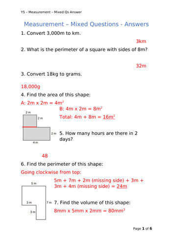 Y5 Maths - Measurement - Mixed Questions