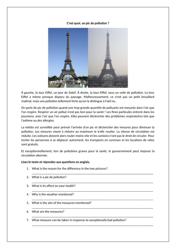 AQA/EDEXCEL Studio GCSE French (Higher) – Module 8 – Notre planète – Page 163 - Worksheet