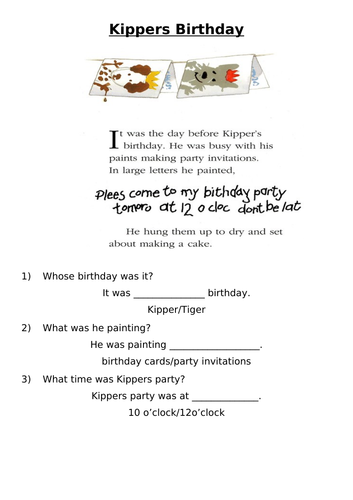Kippers Birthday Reading Comprehension