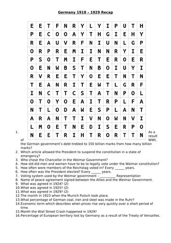 Weimar Germany revision wordsearch