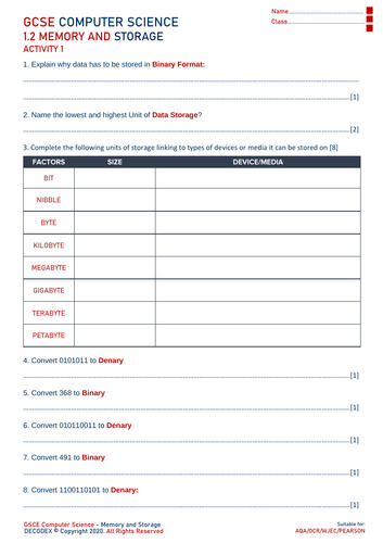 OCR/AQA/Pearson GCSE Computer Science - Memory / Data Storage