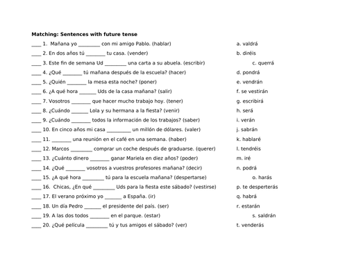 Future tense sentences matching practice