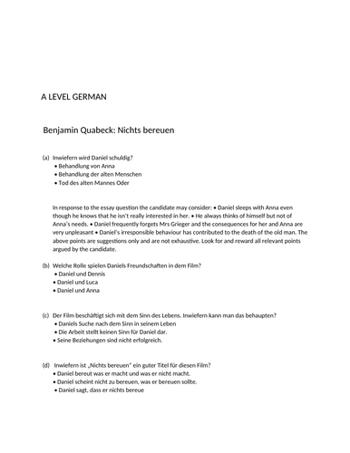 Benjamin Quabeck: Nichts bereuen A LEVEL GERMAN REVISION SHEET