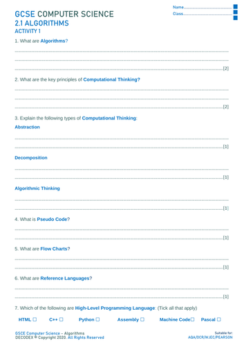 OCR/AQA/Pearson GCSE Computer Science - Programming and Alogrithms