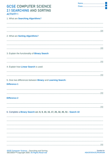 OCR/AQA/Pearson GCSE Computer Science - Alogrithms: Search and Sort