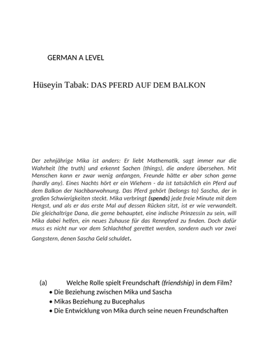 Hüseyin Tabak: DAS PFERD AUF DEM BALKON MOCK A/AS level German questions