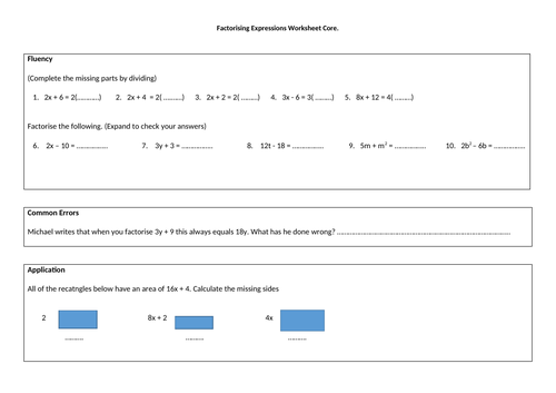 Factorising Expressions Mastery Worksheet (2 Differentiated)