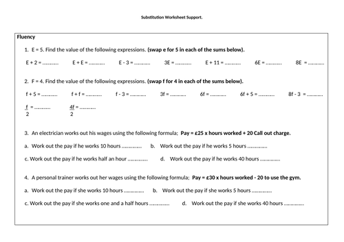 Formulae Substitution Mastery Worksheet (3 Differentiated)
