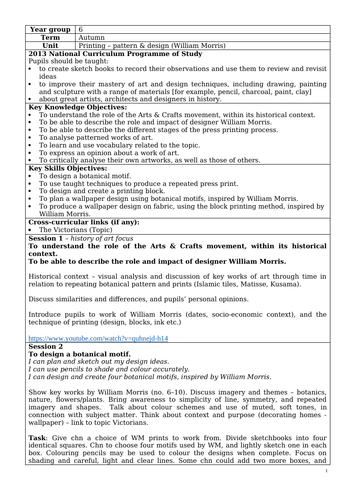 Year 6 Art unit plan (printing - William Morris)