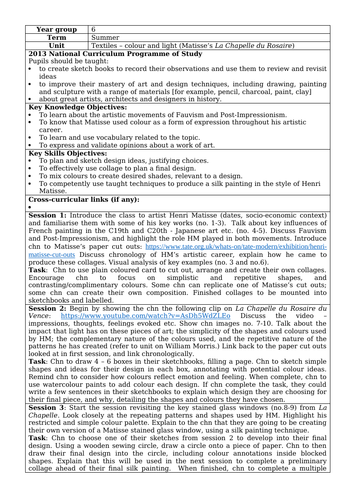 Year 6 Art unit plan (textiles - Matisse)
