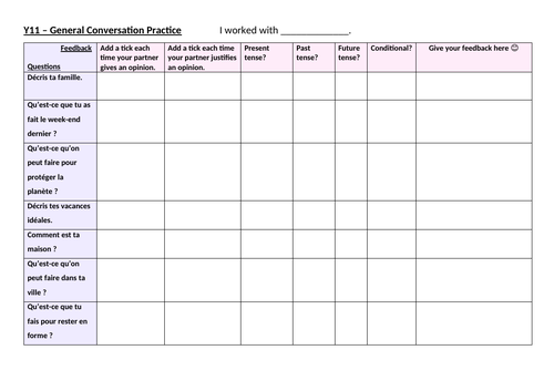 Y11 - General Conversation practice - Peer Assessment