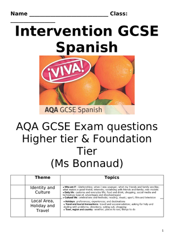 VIVA AQA GCSE - MODULE 1 BOOKLET (Vocabulary Writing frames)