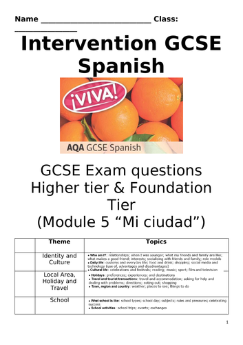VIVA AQA GCSE - Module 5 “Mi Ciudad” Writing Speaking Q.A Booklet.