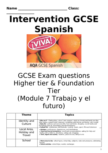 VIVA AQA GCSE - Module 7 “Trabajo y el Futuro” Writing Speaking Q.A Booklet.