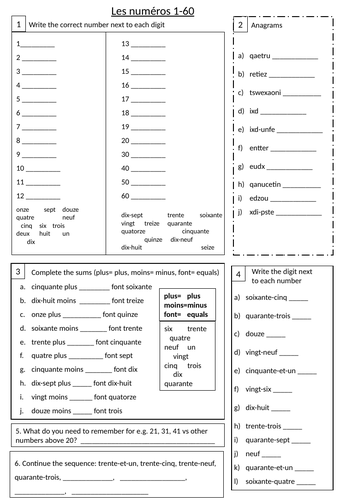 numbers/les numéros 1-60 worksheet, conti style