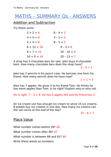 Y1 Maths - Summary Qs